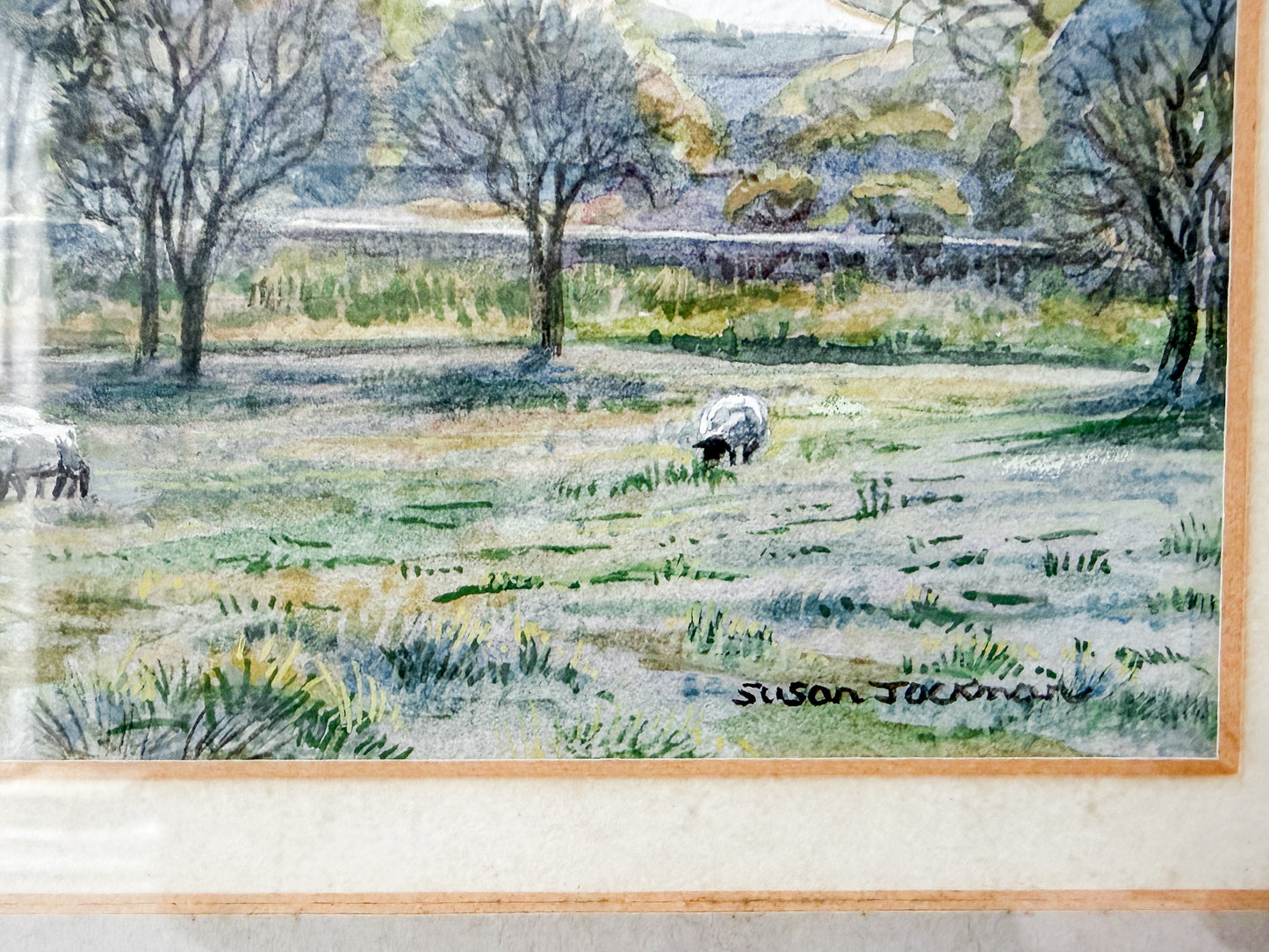 Signed Watercolor Painting of English Pastoral Scene with Sheep by Susan Jackman