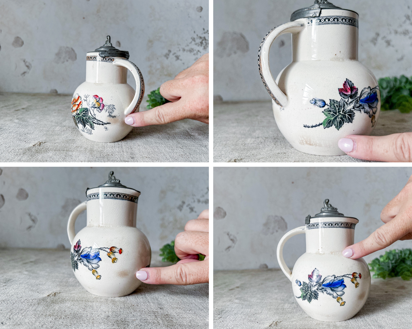 Antique Ironstone Polychrome Floral Syrup Jug with Pewter Lid