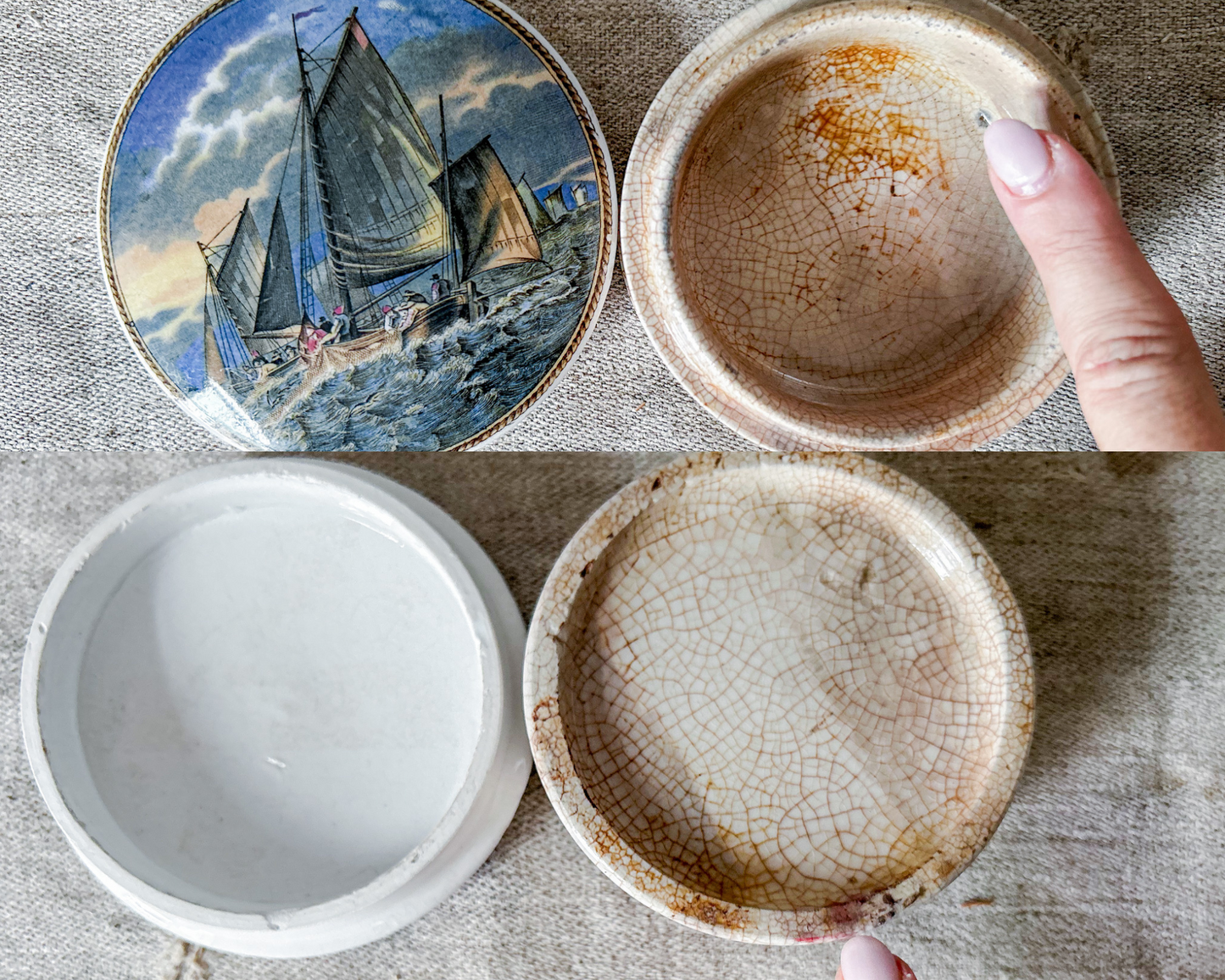 Antique Prattware Lid & Base of Fishing Boats at Sea