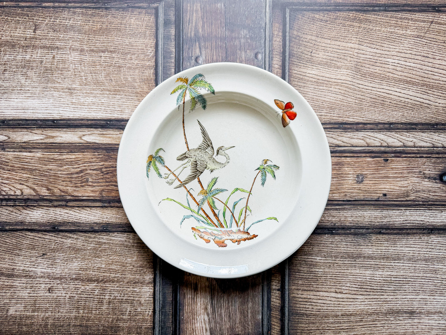 Copeland Palms & Egret Polychrome Ironstone Soup Bowl, c1870