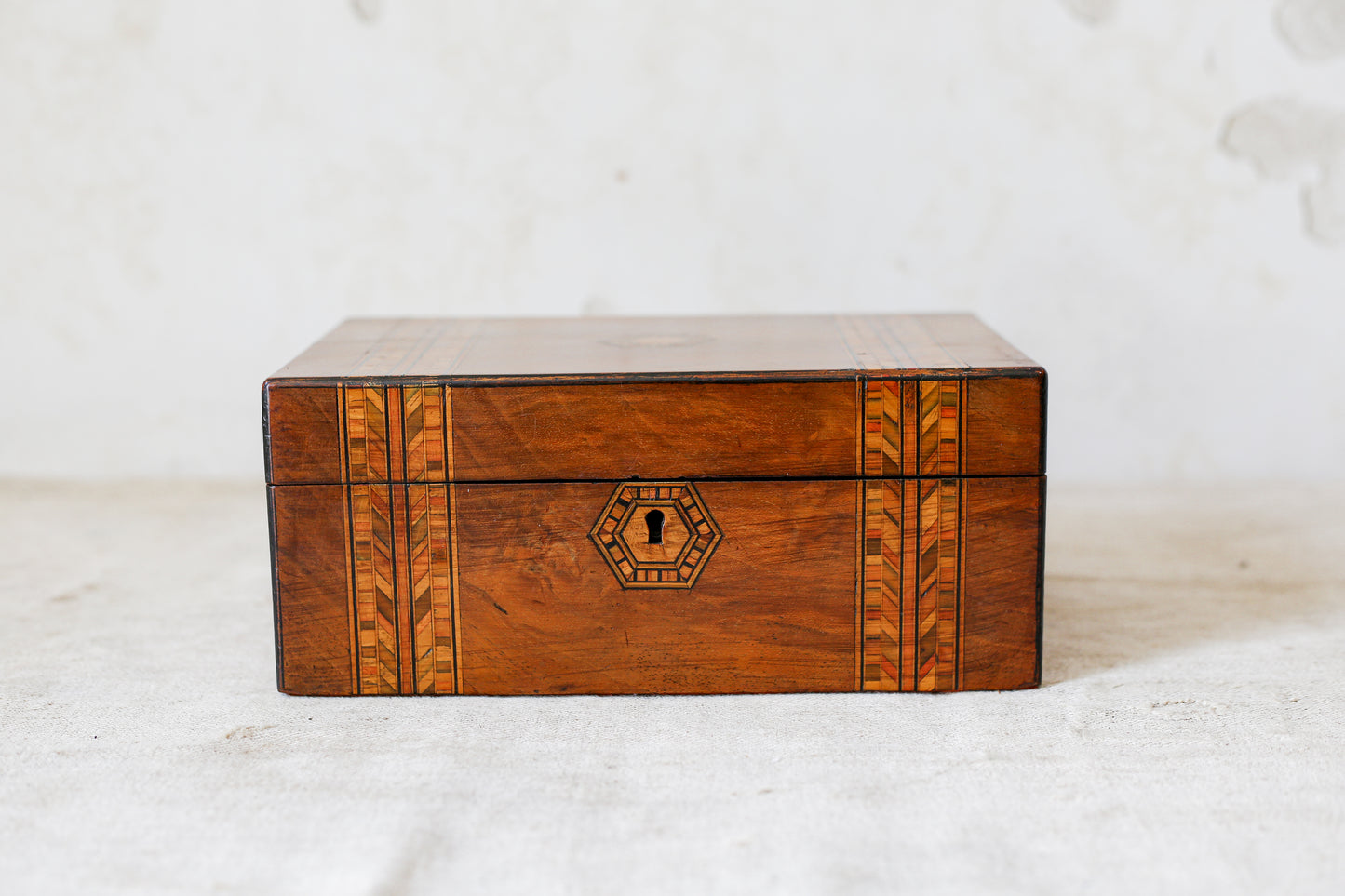 Antique Small Parquetry Chevron Inlaid Tunbridge-Style Stationery Box, c. 1870