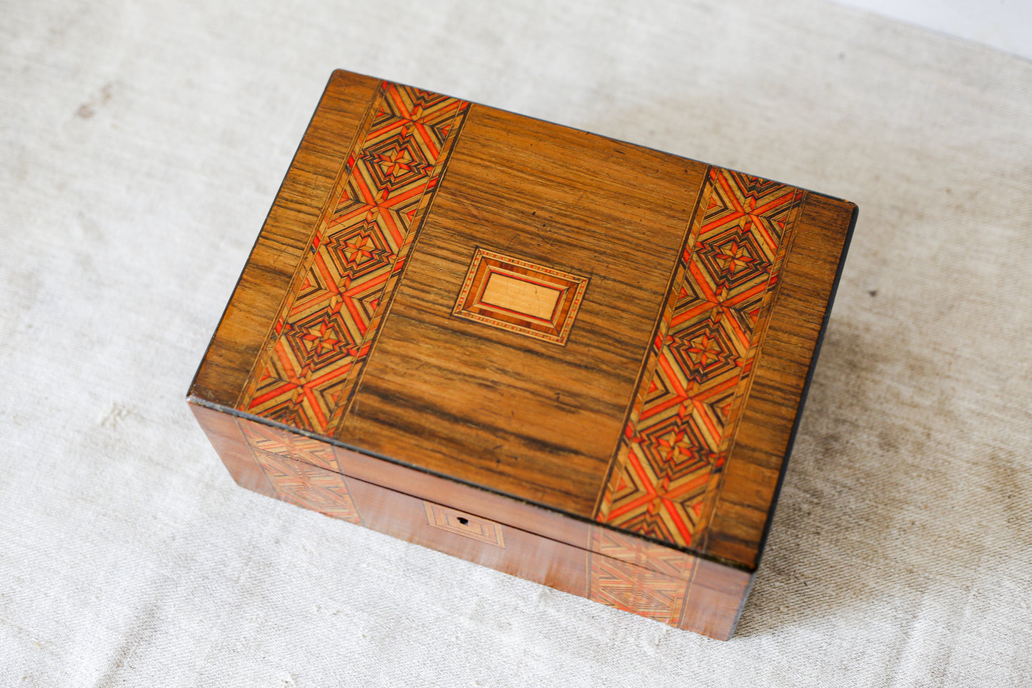 Antique Parquetry Inlaid Tunbridge-Style Stationery Box, c. 1870
