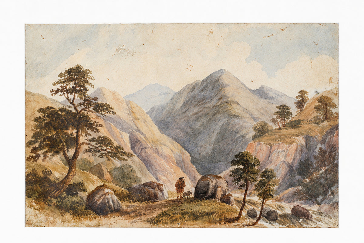 Antique Watercolor of Scottish Highlander and Mountains (c1880) in Custom Ornate Black and Gold Frame