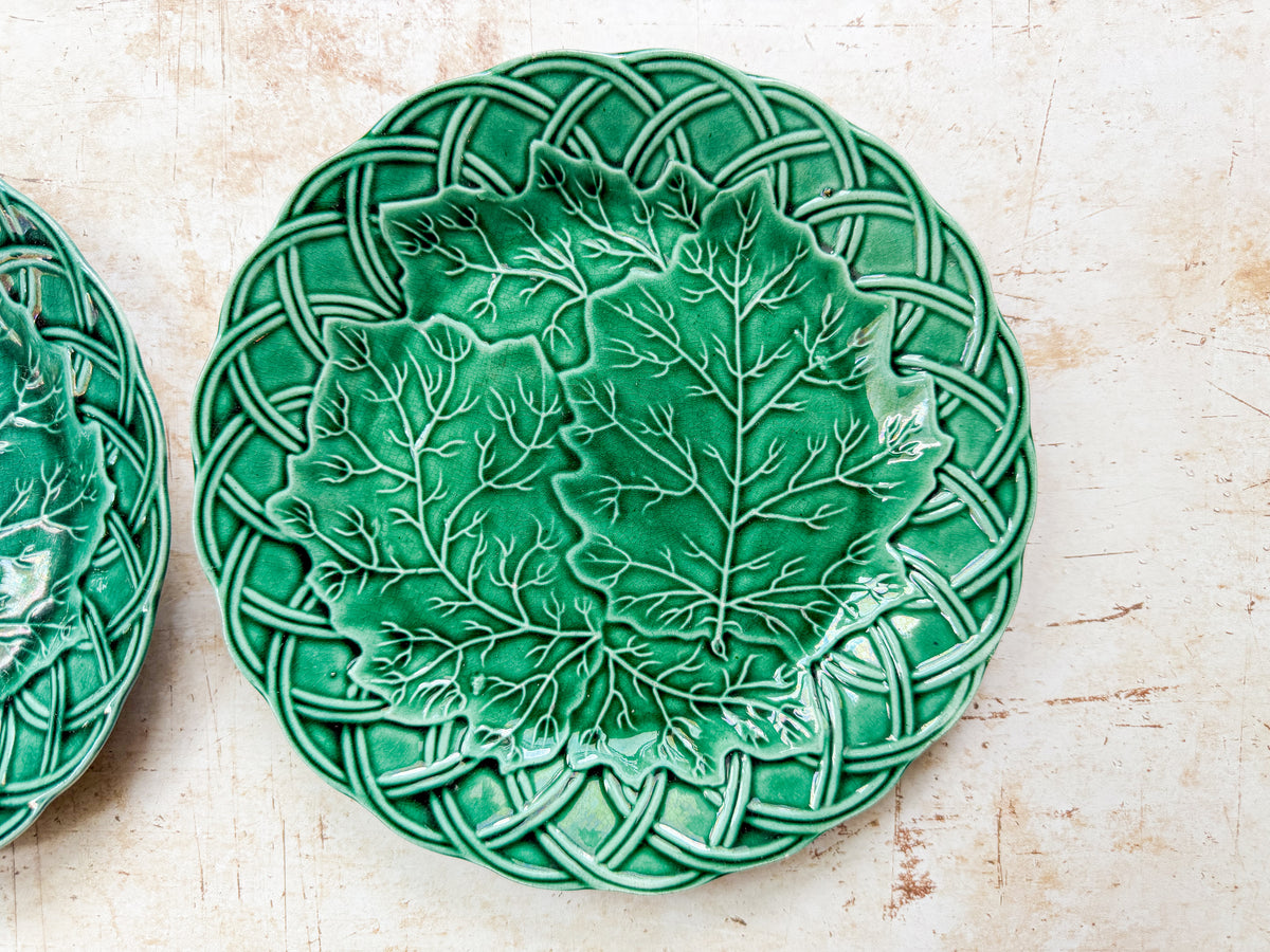 Set of 2 Antique Cabbage Leaf on Basket Greenware Majolica Plates