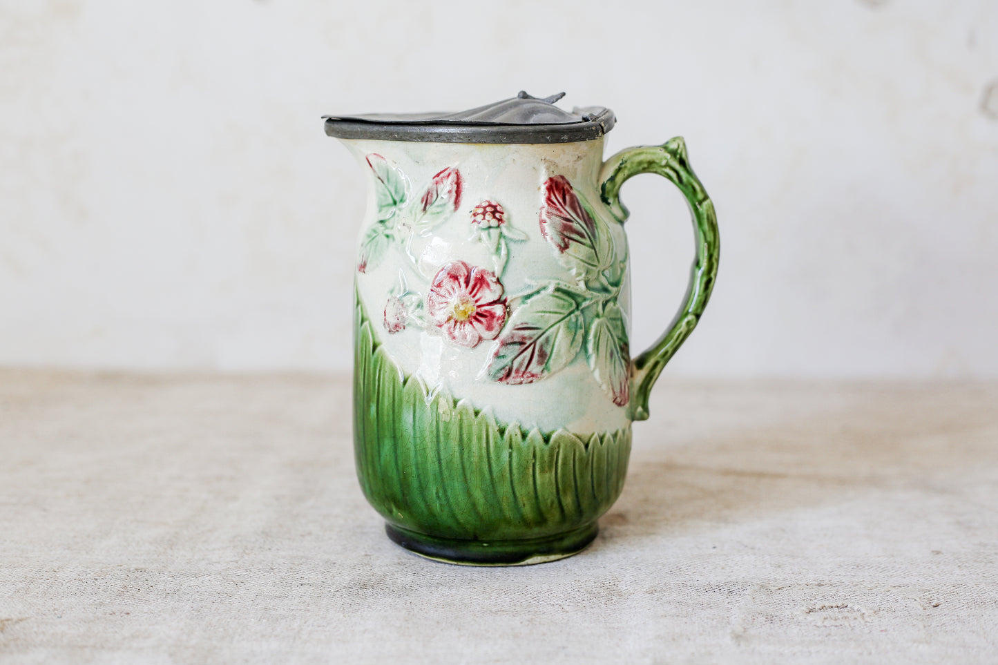Antique Green & Pink Floral Majolica Jug with Pewter Lid