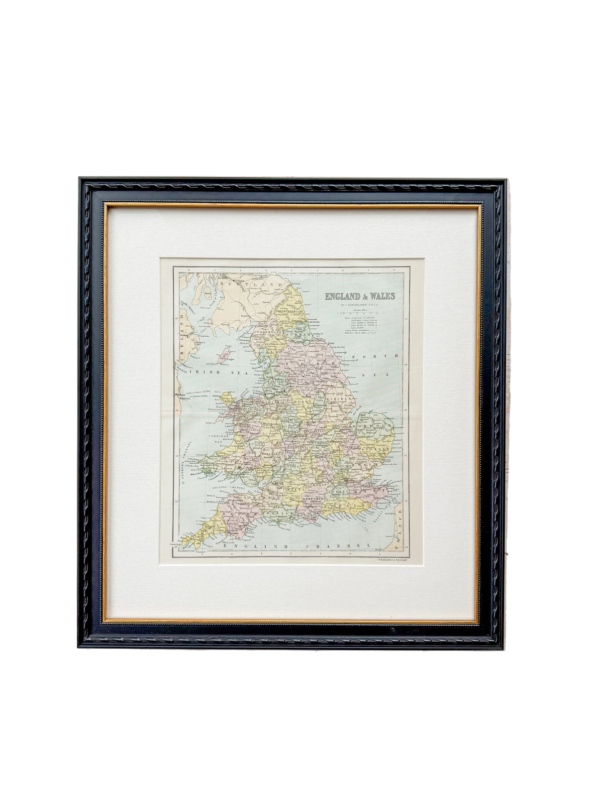Antique 19th-Century Map of England & Wales by J. Bartholomew in Custom Black and Gold Frame