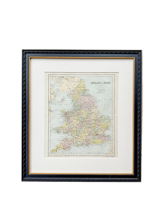 Antique 19th-Century Map of England & Wales by J. Bartholomew in Custom Black and Gold Frame