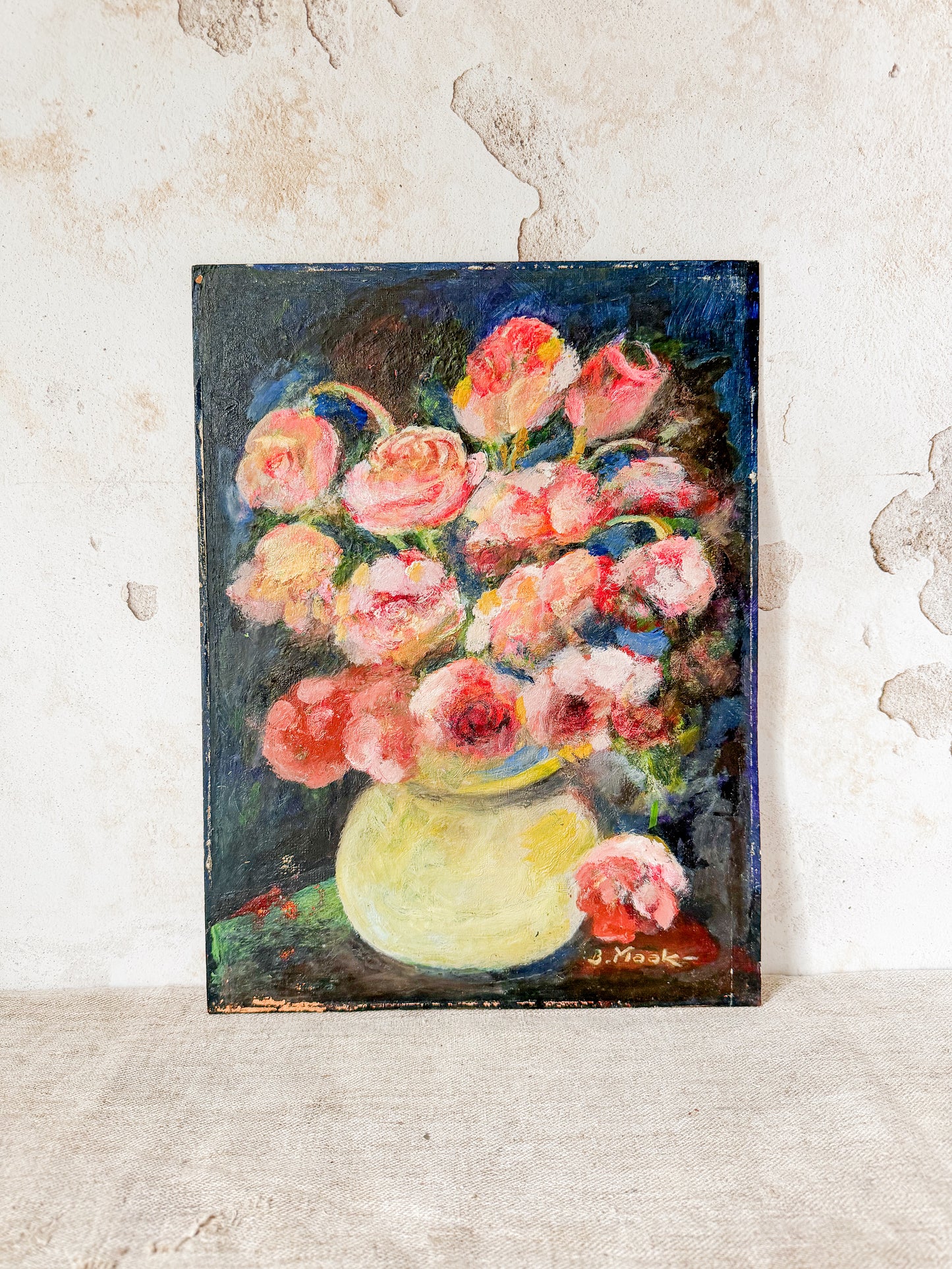 Unframed Impressionist Painting of Pink Flowers in Chartreuse Vase, Signed B. Maak