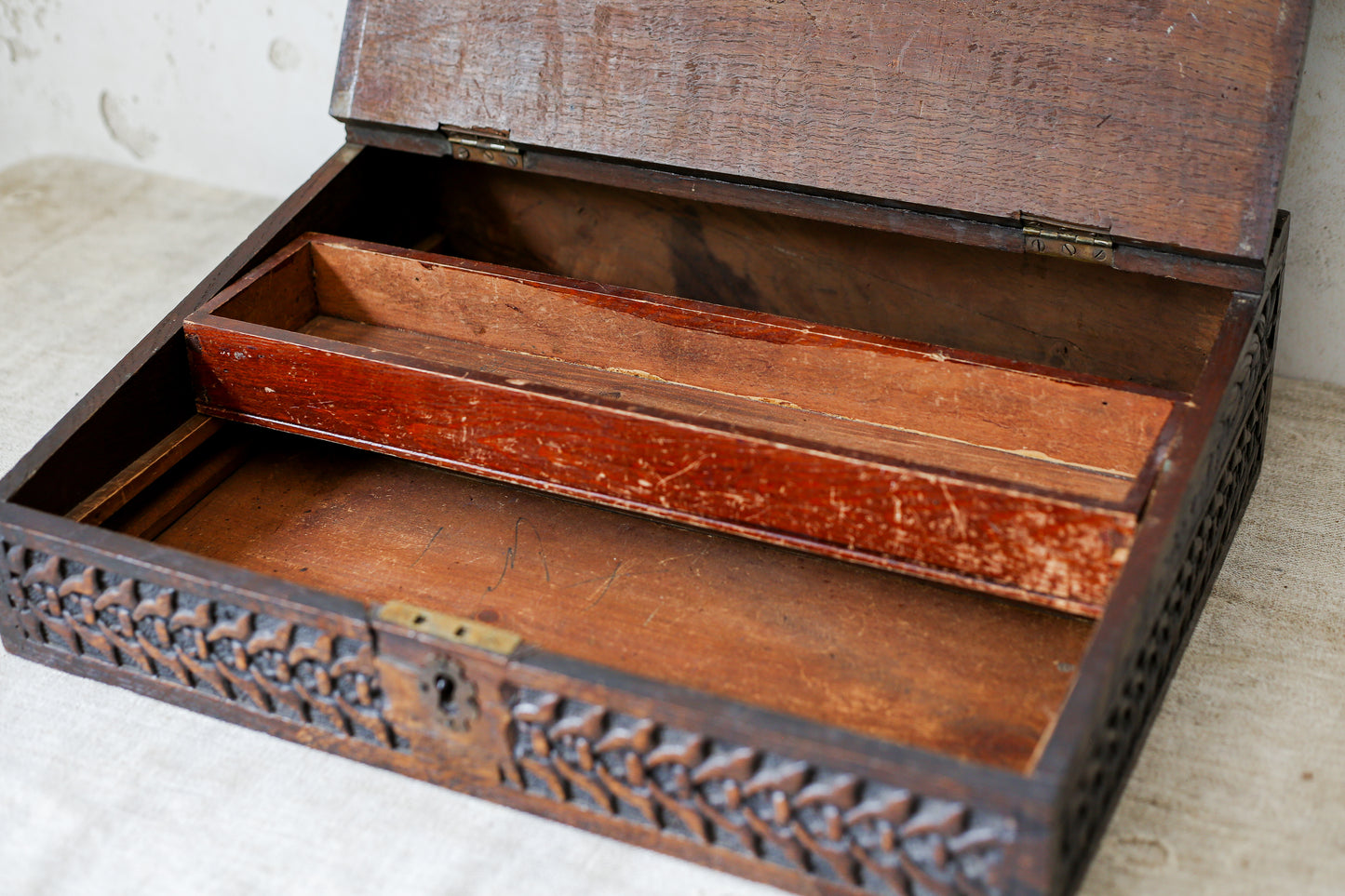 1892 Carved Wood Sloped Desk Box with "JM" Initials