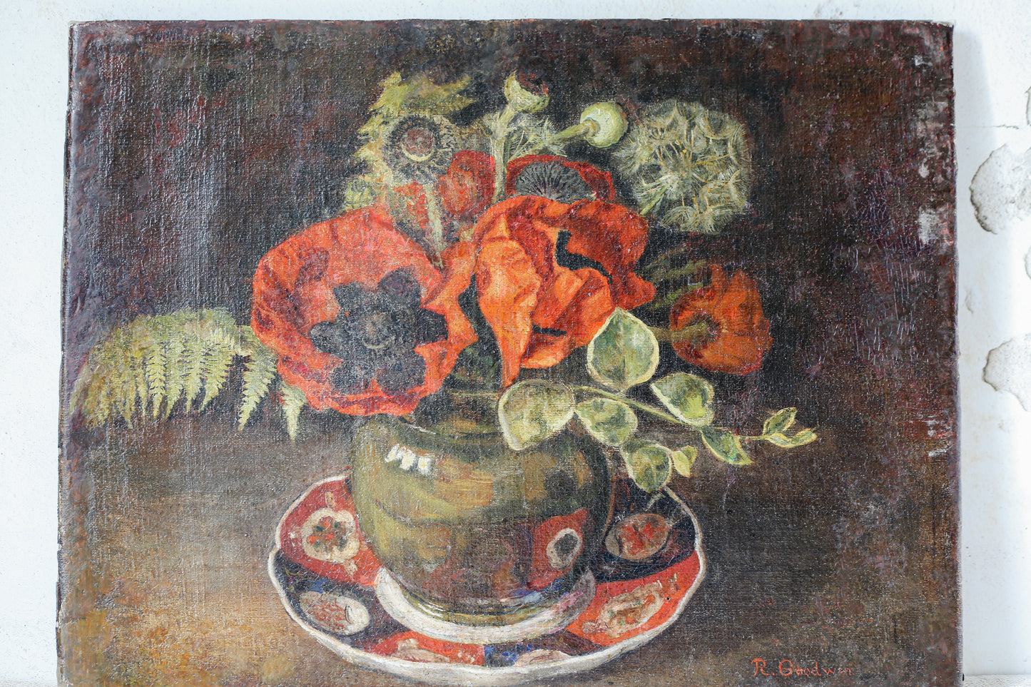 Antique Still Life of Poppies in Vase, Signed by R. Goodwin, ESK, c1890