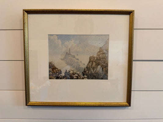 Watercolor painting South Stack lighthouse, Anglesey, Wales, dated 1852