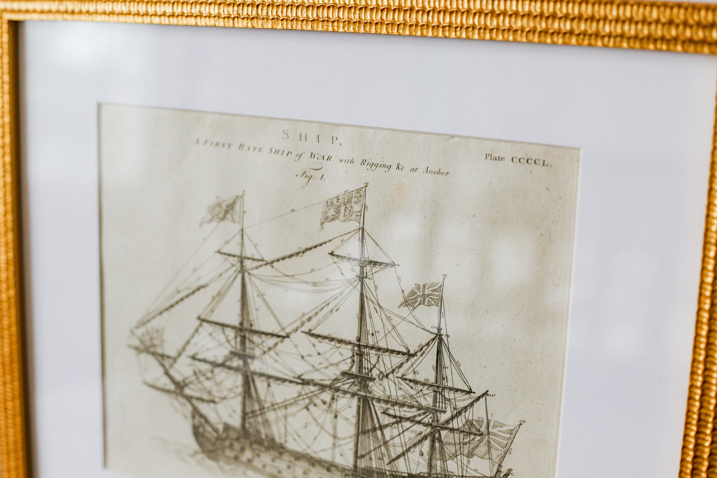 18th Century Copper Plate Engraving Ship of War | Contemporary Textured Gilt Frame