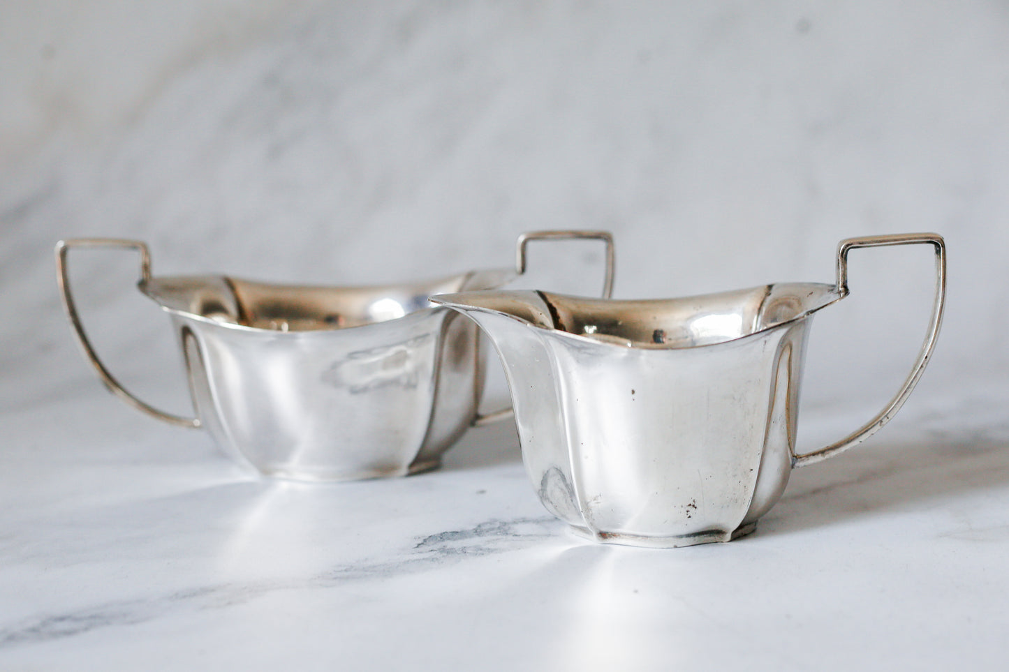 Antique Art Deco Harrison Fisher & Co Silverplate Sugar Bowl & Creamer Set, c1920