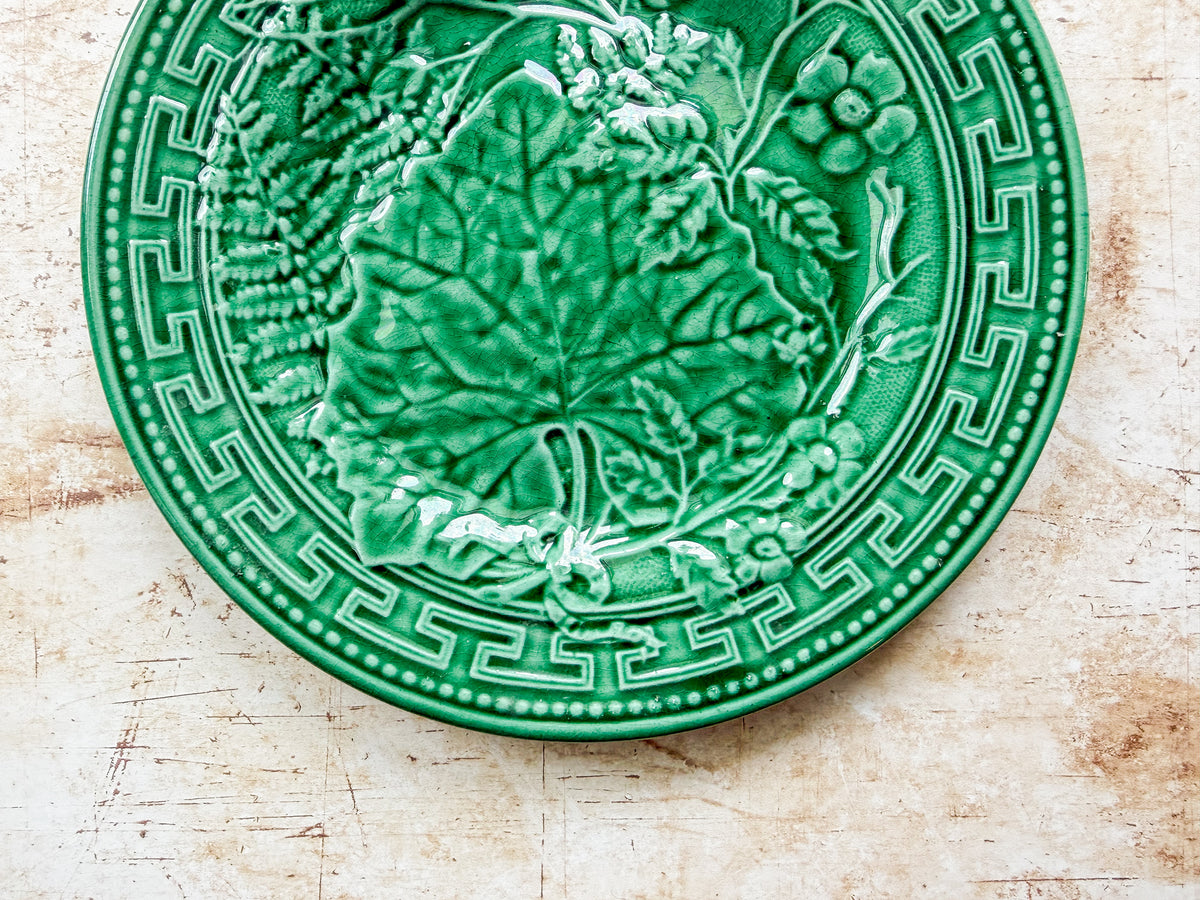 Antique Greek Key Border and Strawberry Greenware Majolica 9" Plate