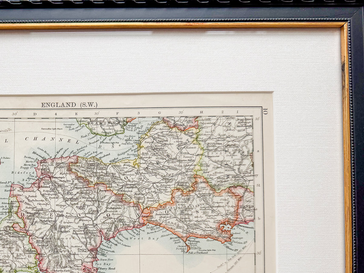 Antique 19th-Century Map of Southwest England by W. & A.K. Johnston in Custom Frame