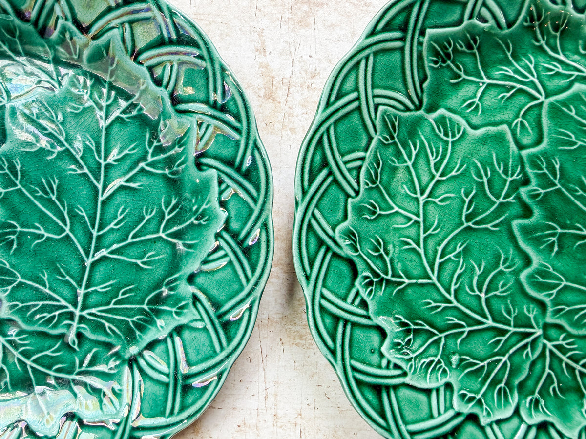 Set of 2 Antique Cabbage Leaf on Basket Greenware Majolica Plates