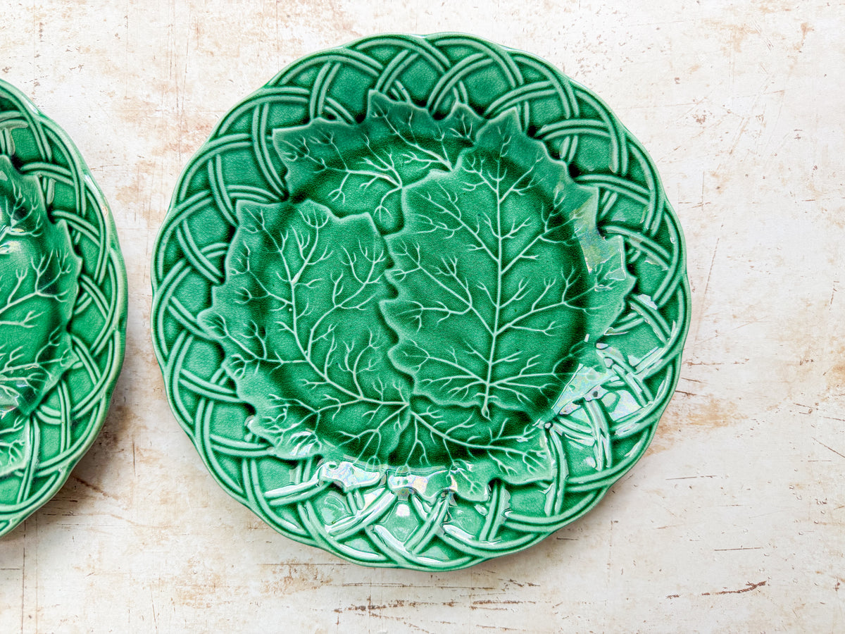 Set of 2 Antique Cabbage Leaf on Basket Greenware Majolica Plates by Edge Malkin & Co.