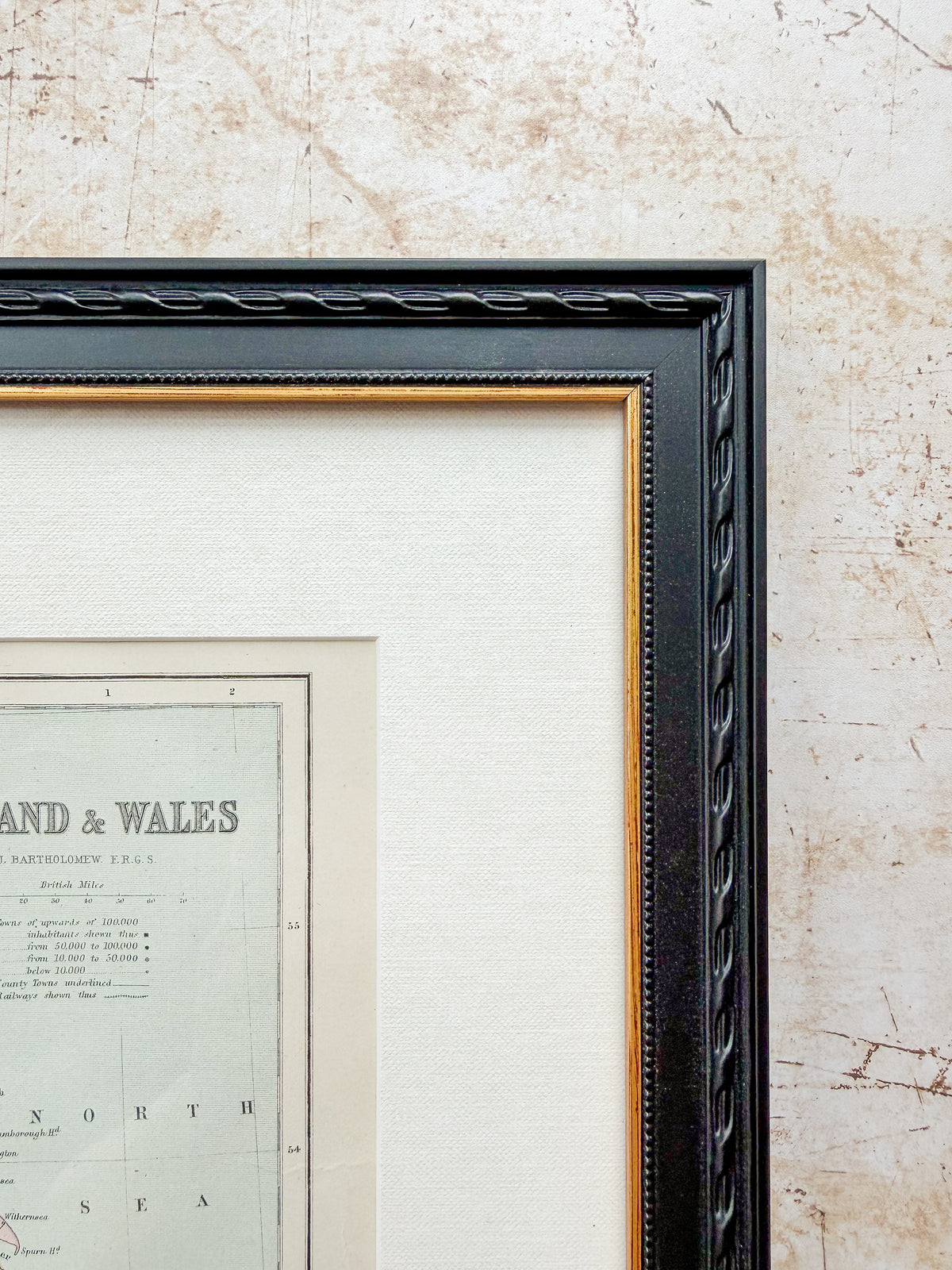 Antique 19th-Century Map of England & Wales by J. Bartholomew in Custom Black and Gold Frame