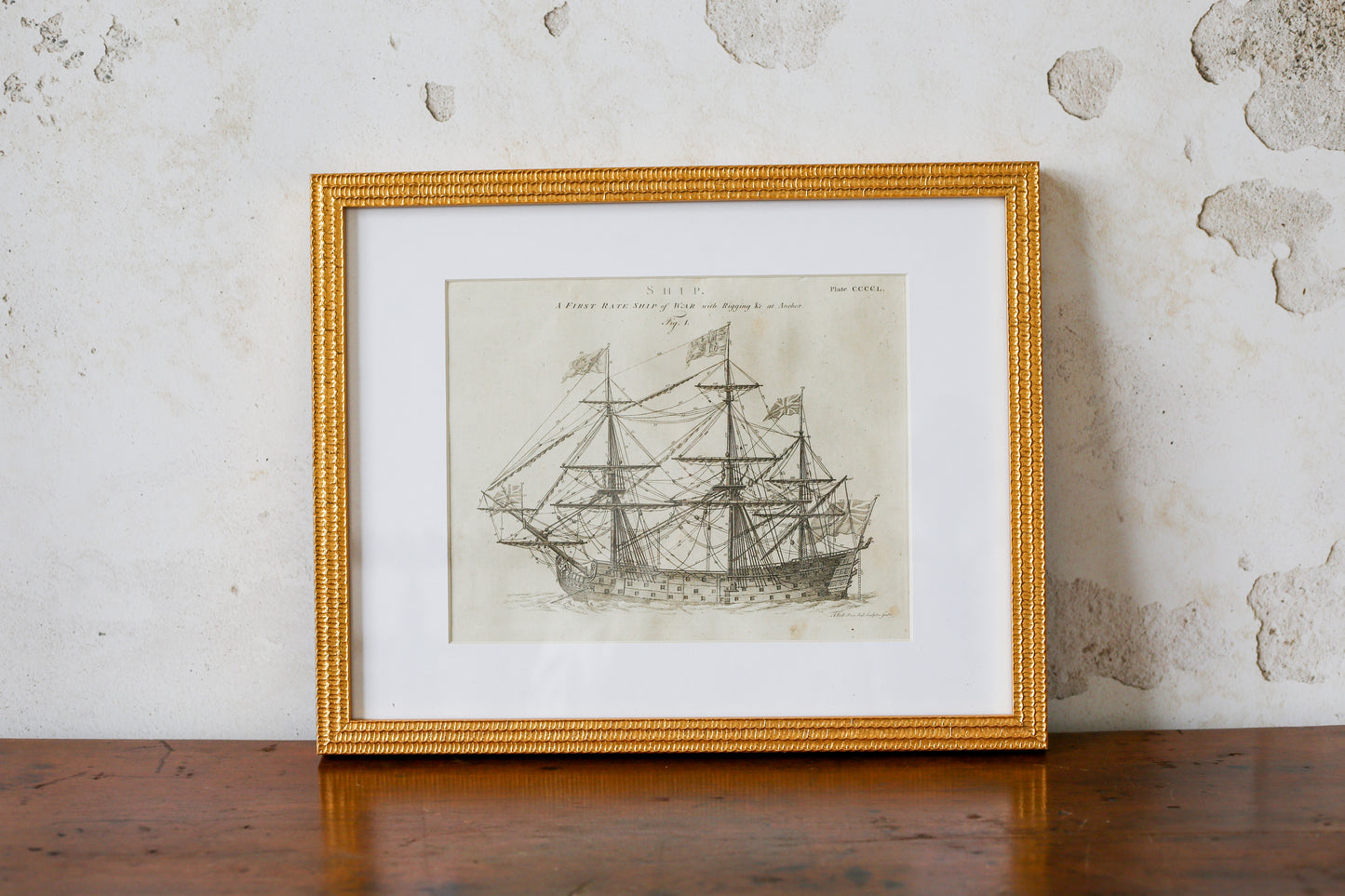 18th Century Copper Plate Engraving Ship of War | Contemporary Textured Gilt Frame