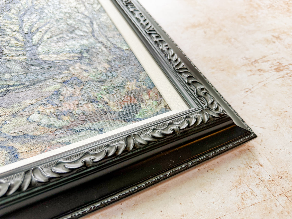 Early 20th-Century Post-Impressionist Landscape Oil Painting in Custom Black and Linen Frame