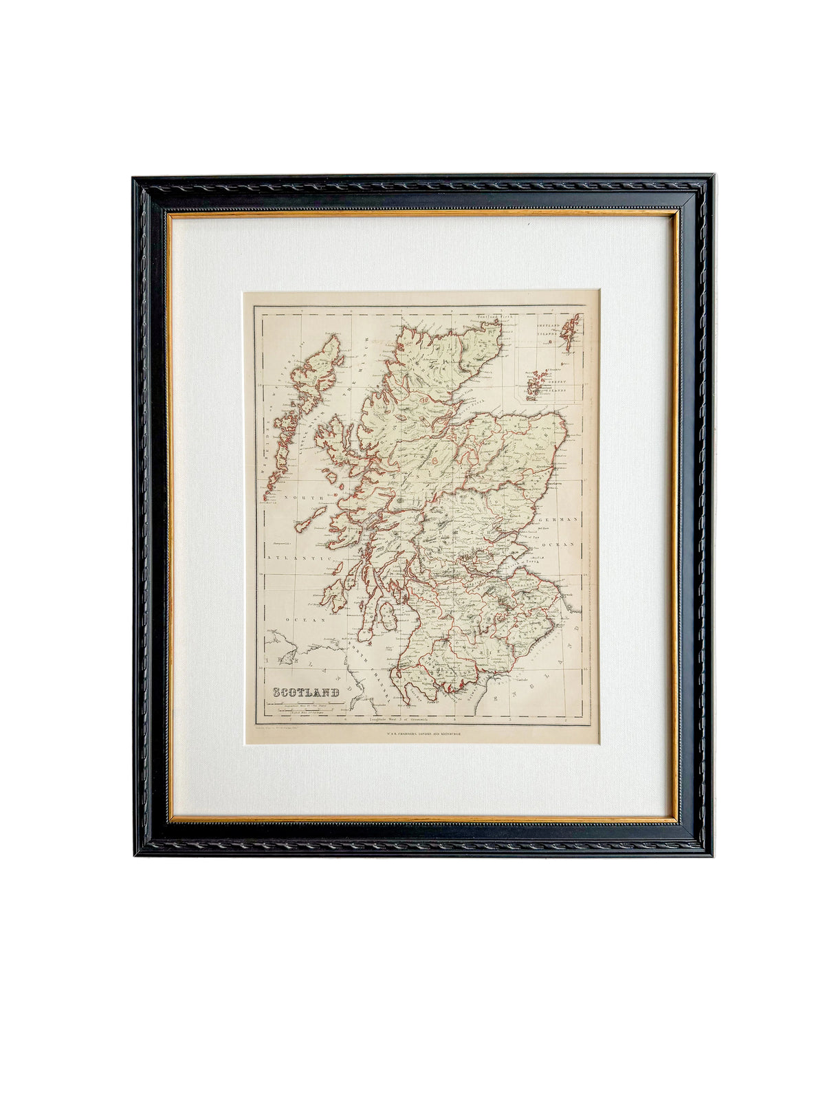 Antique 19th-Century Map of Scotland – W. & R. Chambers in Custom Black and Gold Frame