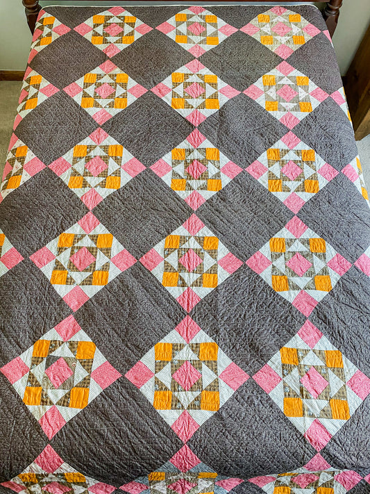 Antique Brown and Cheddar Around the Corner Quilt, c1870