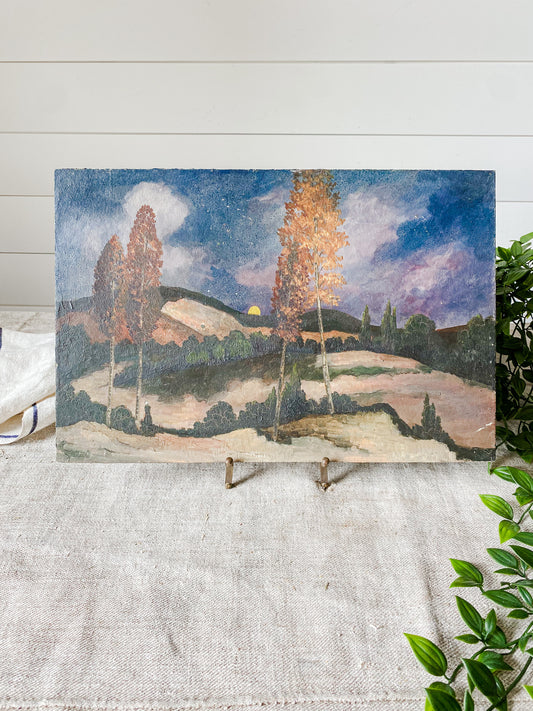 Antique Original Landscape Oil Painting on Board | Moonlight on the Dunes