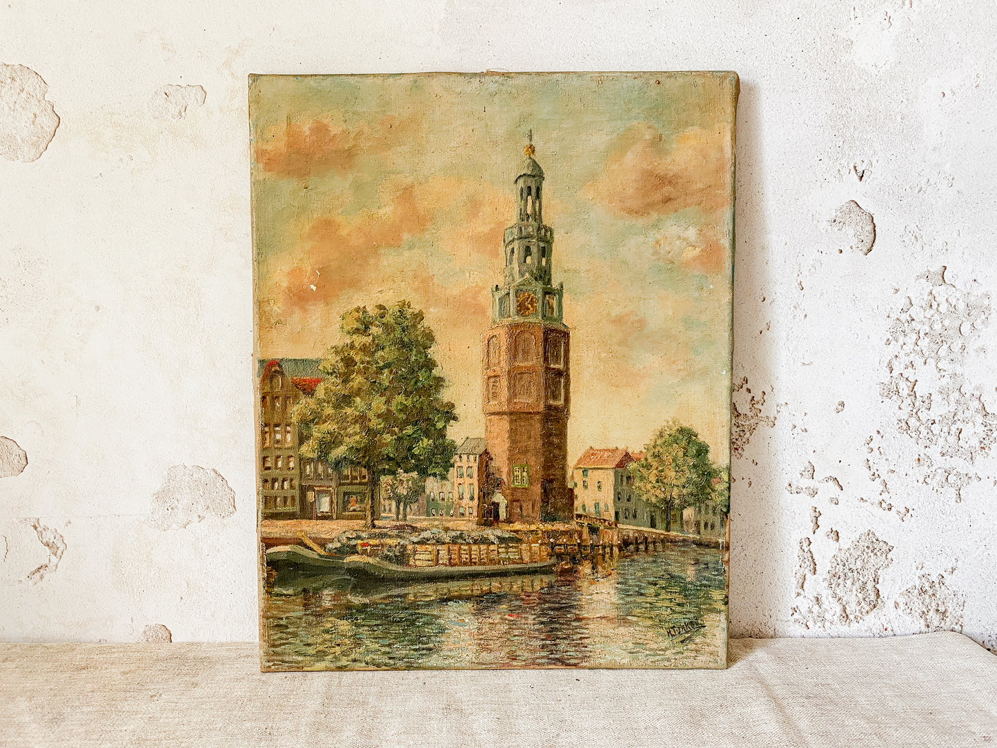 Antique Dutch Oil Painting of Montelbaanstoren Tower, Amsterdam