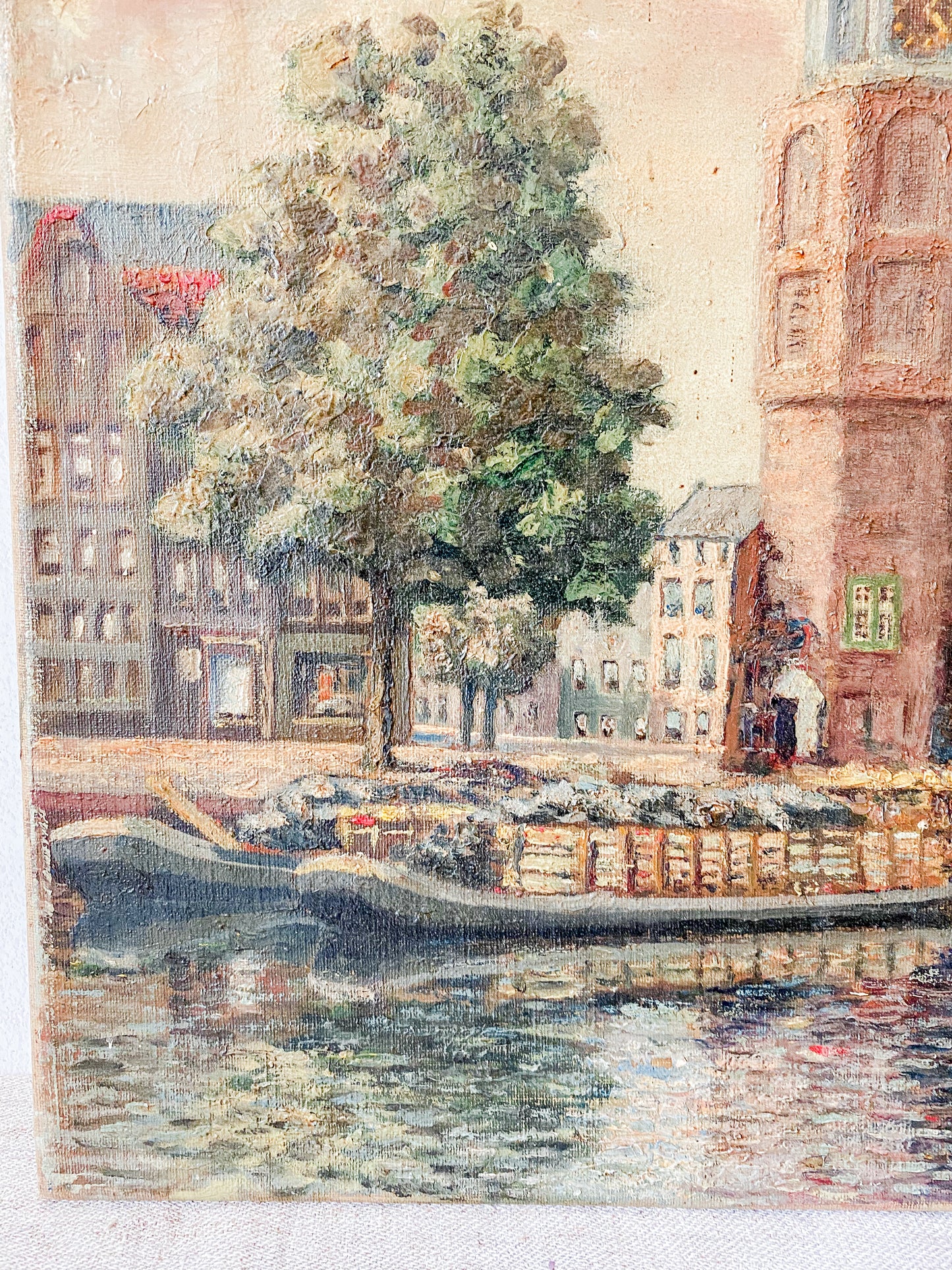 Antique Dutch Oil Painting of Montelbaanstoren Tower, Amsterdam