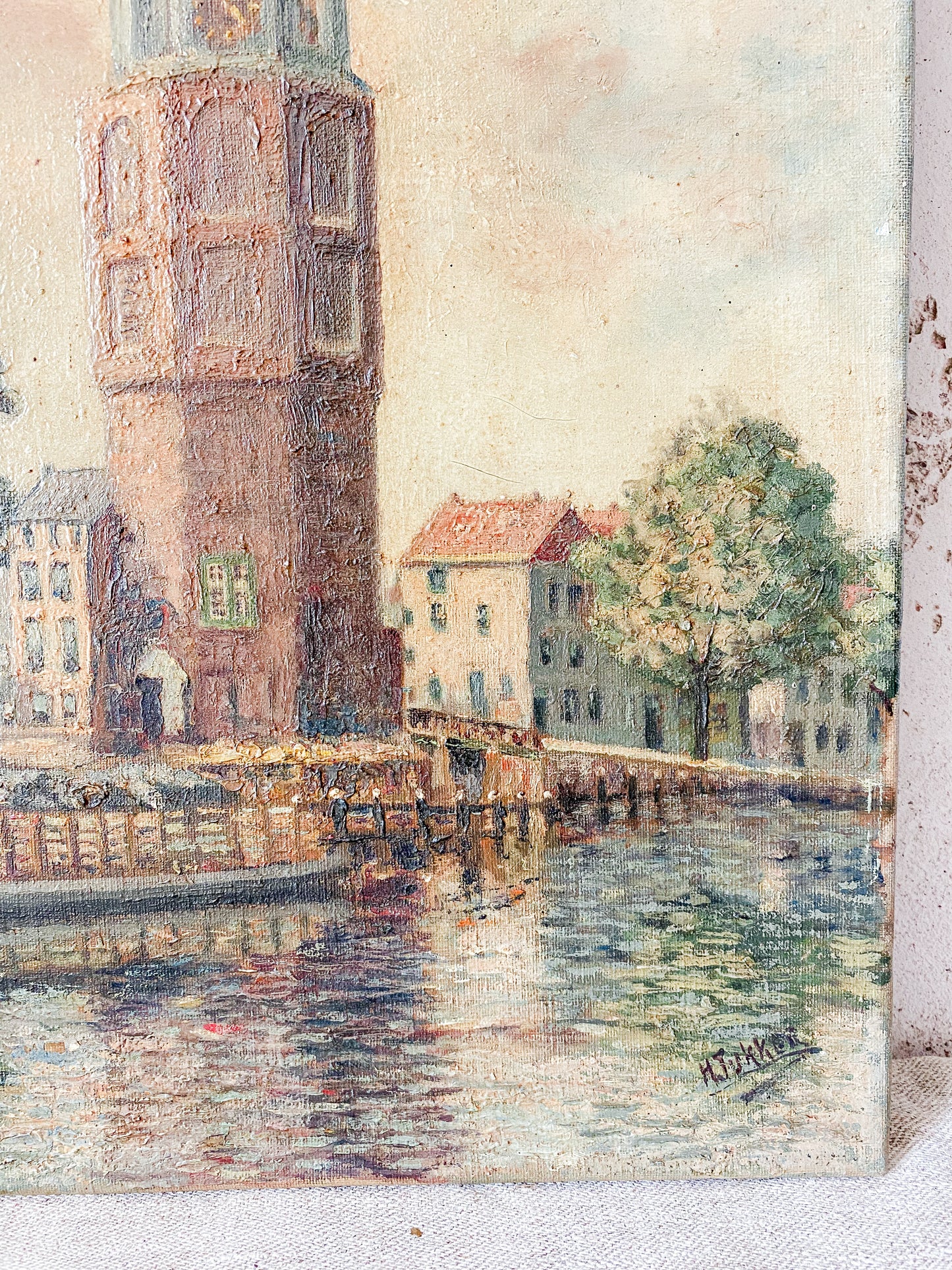 Antique Dutch Oil Painting of Montelbaanstoren Tower, Amsterdam