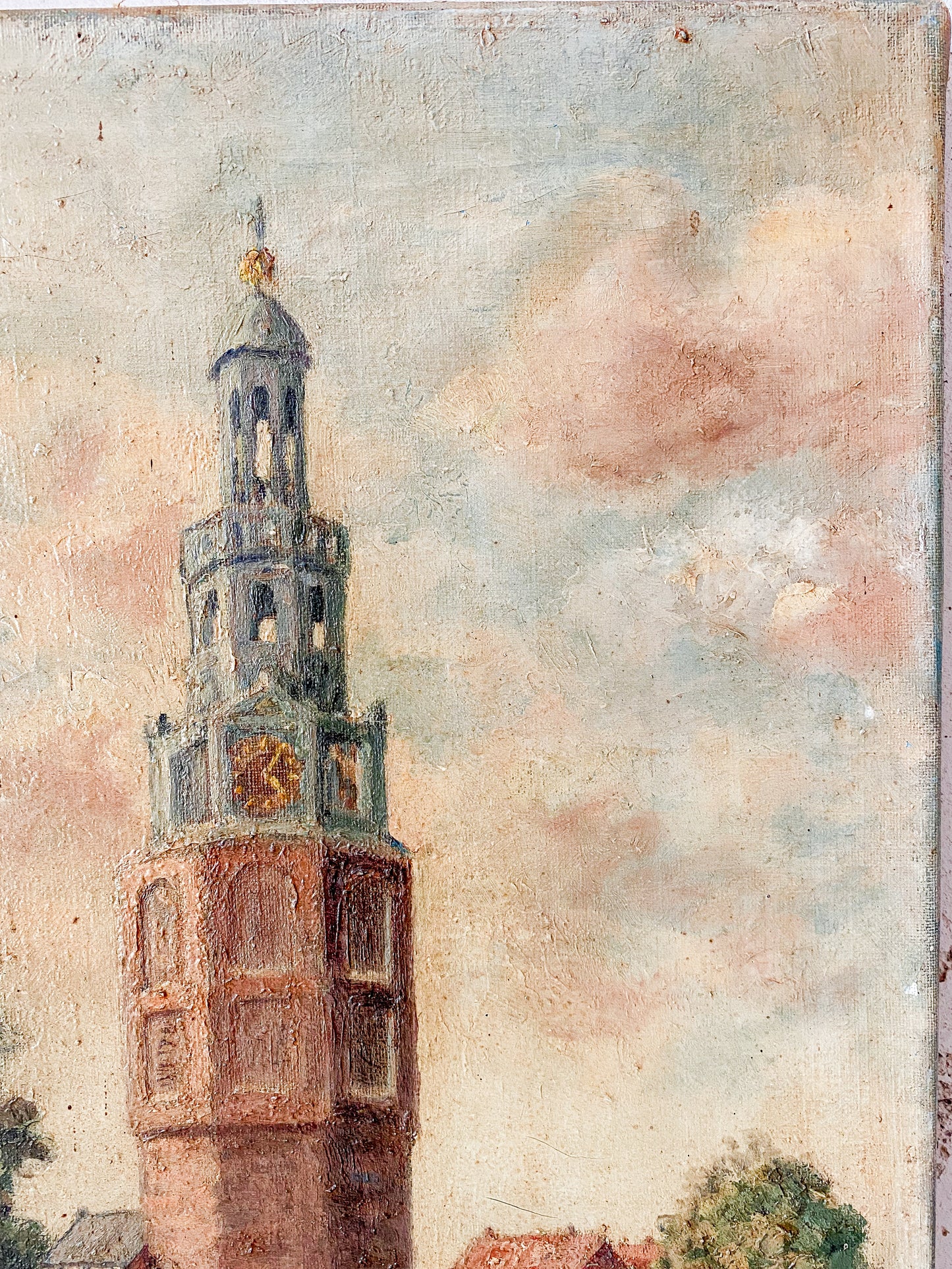 Antique Dutch Oil Painting of Montelbaanstoren Tower, Amsterdam