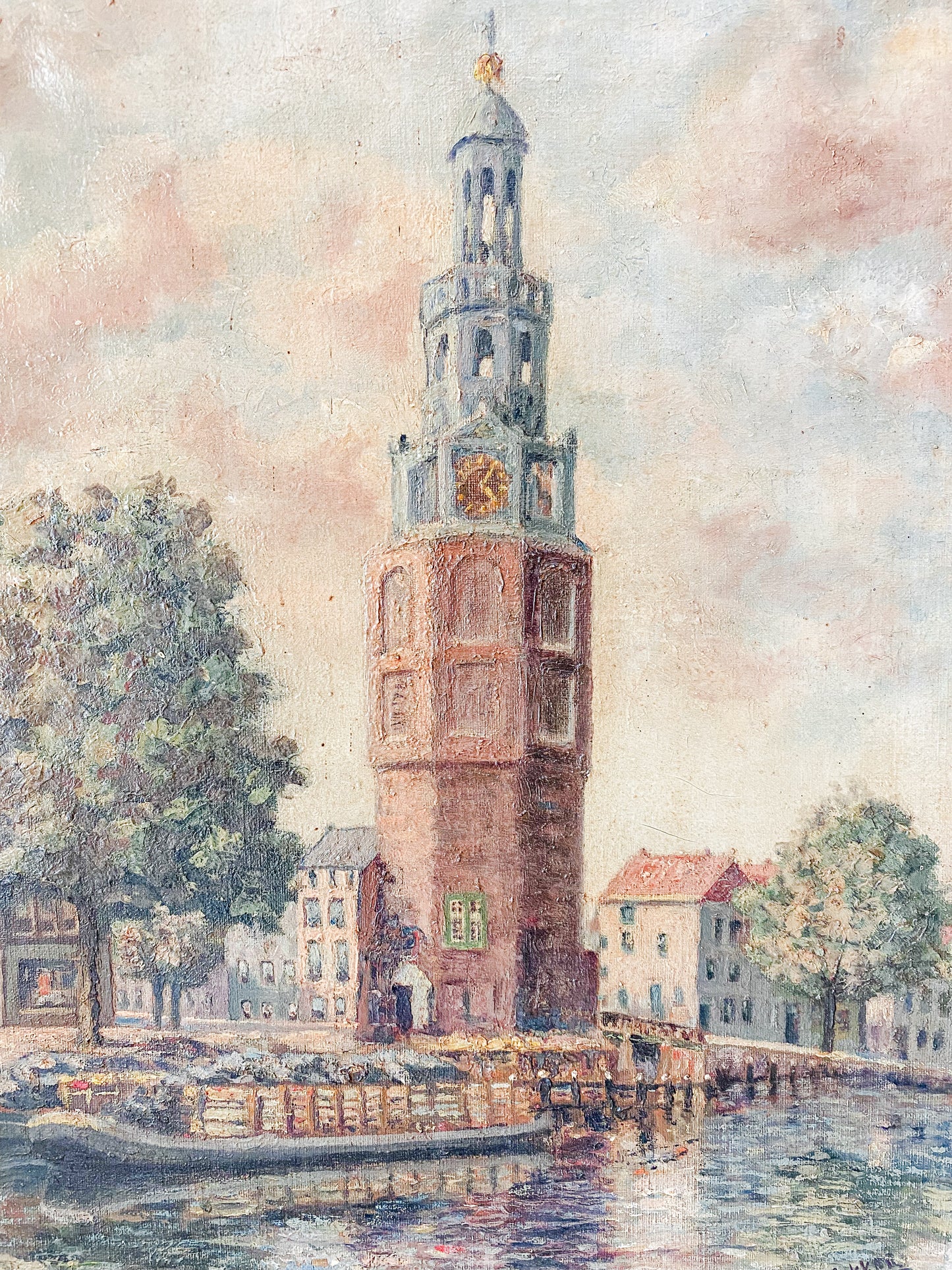 Antique Dutch Oil Painting of Montelbaanstoren Tower, Amsterdam