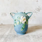 Vintage Roseville Pottery Double Handled Teal Blue White Rose Vase 979-6