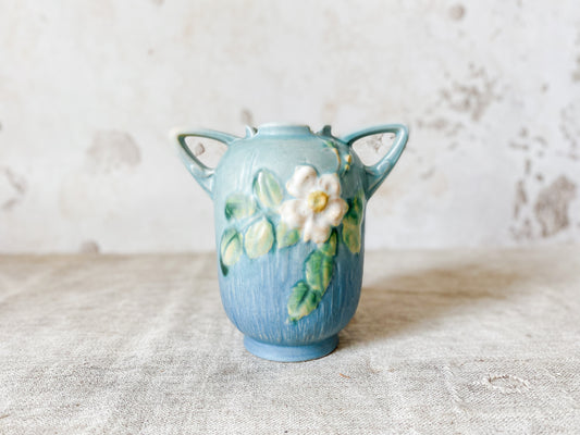 Vintage Roseville Pottery Double Handled Teal Blue White Rose Vase 979-6