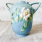 Vintage Roseville Pottery Double Handled Teal Blue White Rose Vase 979-6