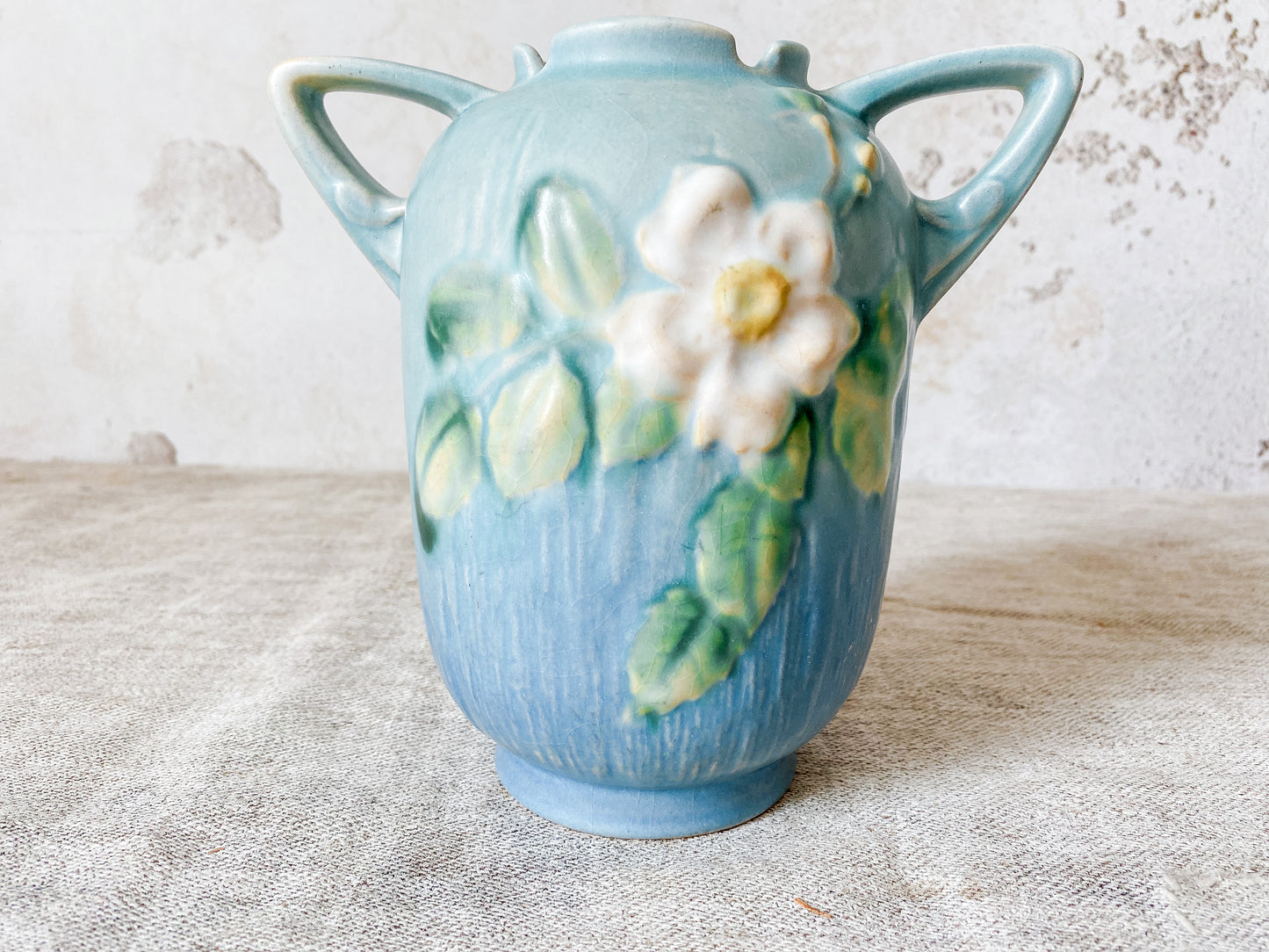Vintage Roseville Pottery Double Handled Teal Blue White Rose Vase 979-6