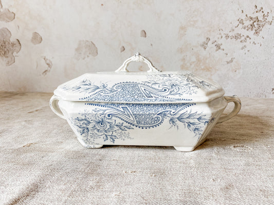 Antique “Avondale” Blue Transferware Ironstone Covered Vegetable Dish by W. & T. Adams