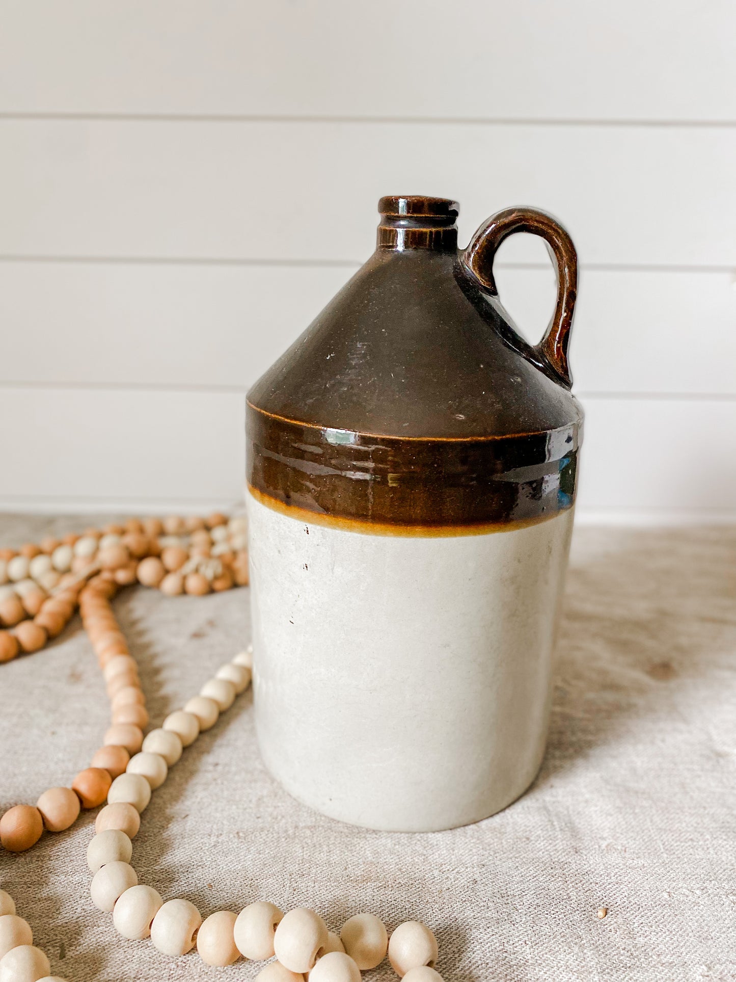 Vintage Two Tone Brown and Cream Large Stoneware Whiskey Jug