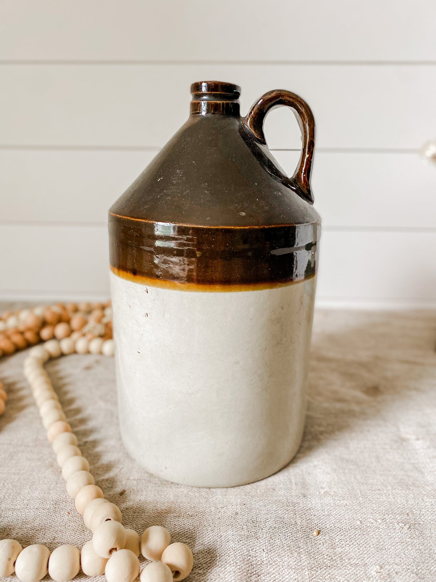 Vintage Two Tone Brown and Cream Large Stoneware Whiskey Jug