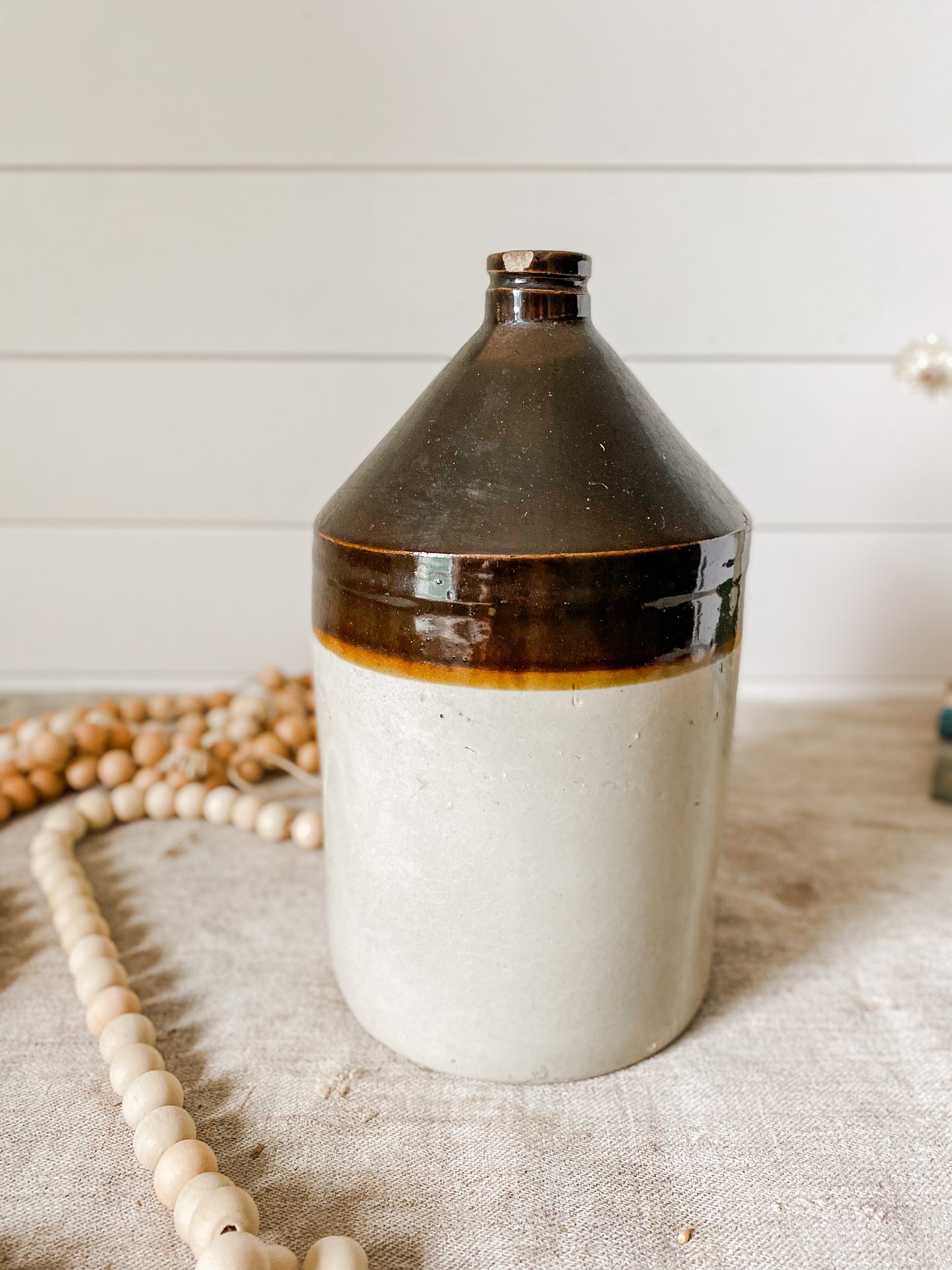 Vintage Two Tone Brown and Cream Large Stoneware Whiskey Jug