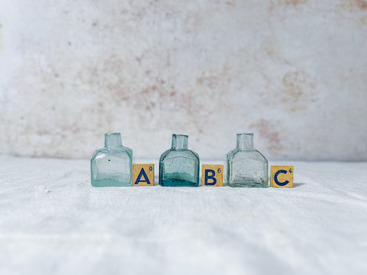CHOICE Antique English Inkwells | Square Faceted Aqua Glass Inkwell