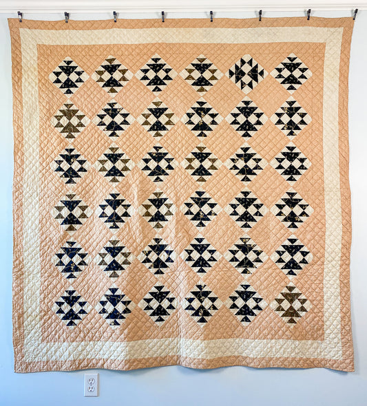 Antique Double X Black and Pink Quilt with Feedsack Backing, c1900