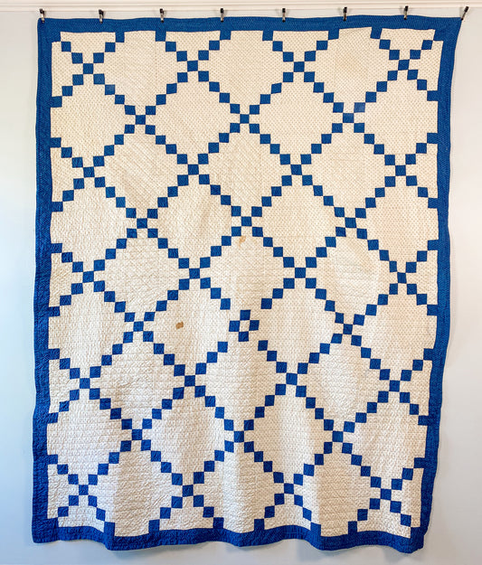Vintage Blue and White Single Irish Chain Quilt, c1920