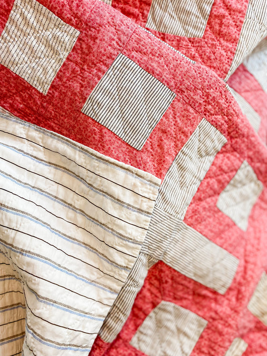 Vintage Crossed Square Pink and White Shirting Quilt, c1920