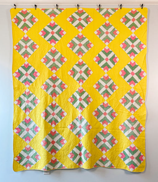 Vintage Yellow Green and Pink Tulip Quilt, c1930