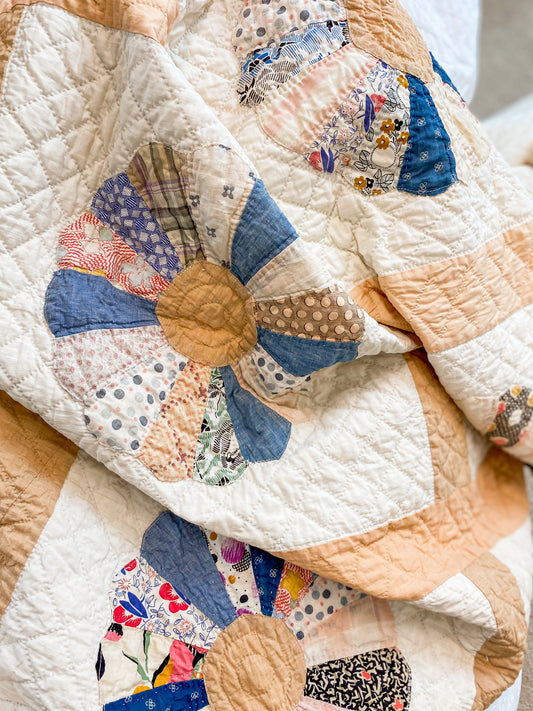 Vintage Blue and Tan Earth Tones Dresden Plate Quilt, c1930