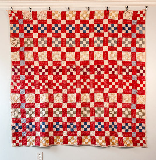 Vintage Red Nine Patch Cutter Quilt, c1930