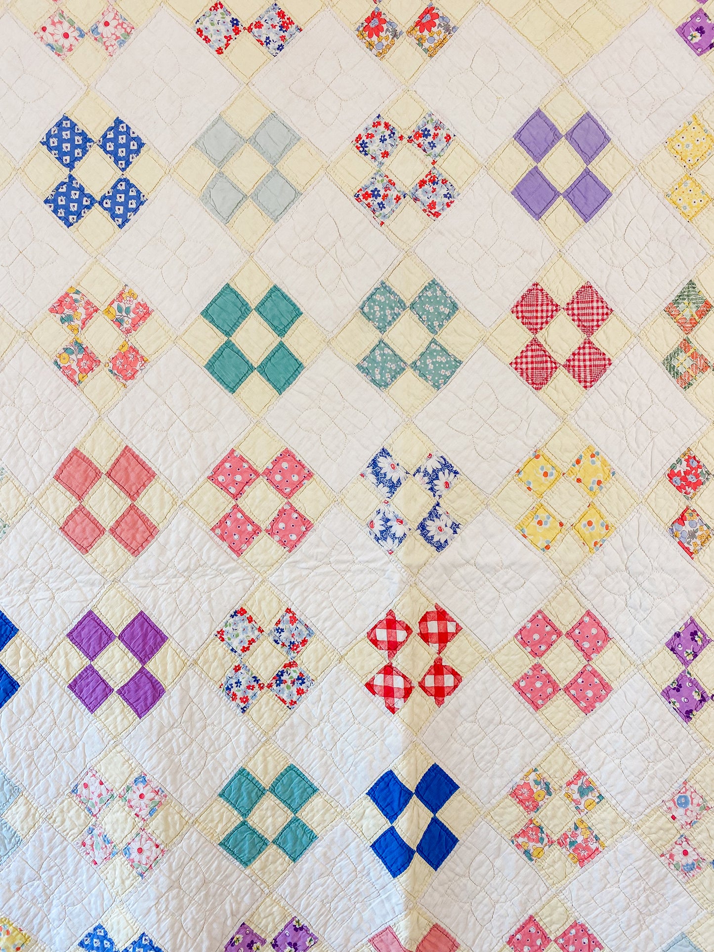 Vintage Yellow Nine Patch on Point Quilt, c1940