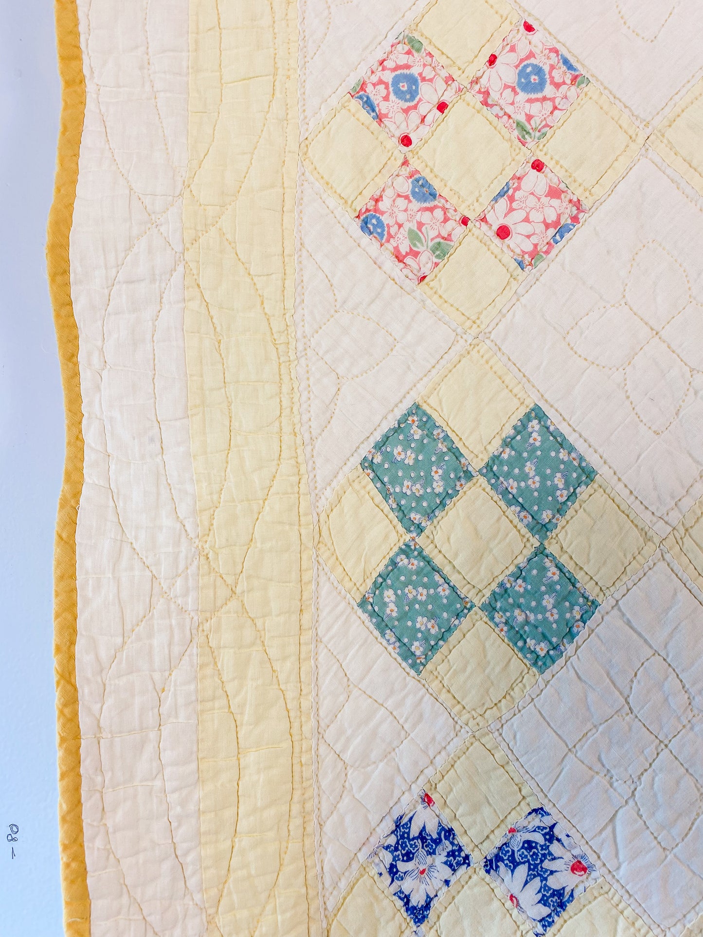 Vintage Yellow Nine Patch on Point Quilt, c1940