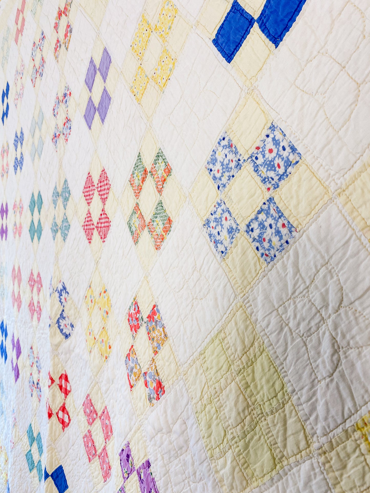 Vintage Yellow Nine Patch on Point Quilt, c1940